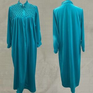 VTG Only Necessities Teal Velveteen Robe Gown Smocked Front Zipper Long Sleeve M